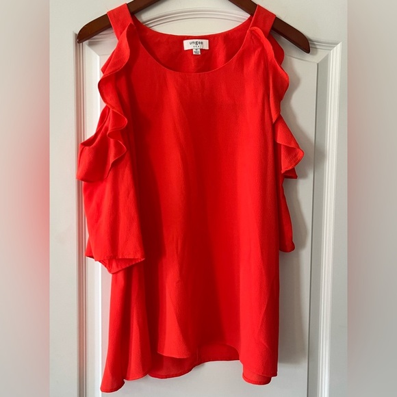 Umgee Tangerine Cold Shoulder Ruffle Blouse Women’s size medium - Picture 1 of 13